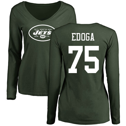 New York Jets Green Women Chuma Edoga Name and Number Logo NFL Football #75 Long Sleeve T Shirt->women nfl jersey->Women Jersey